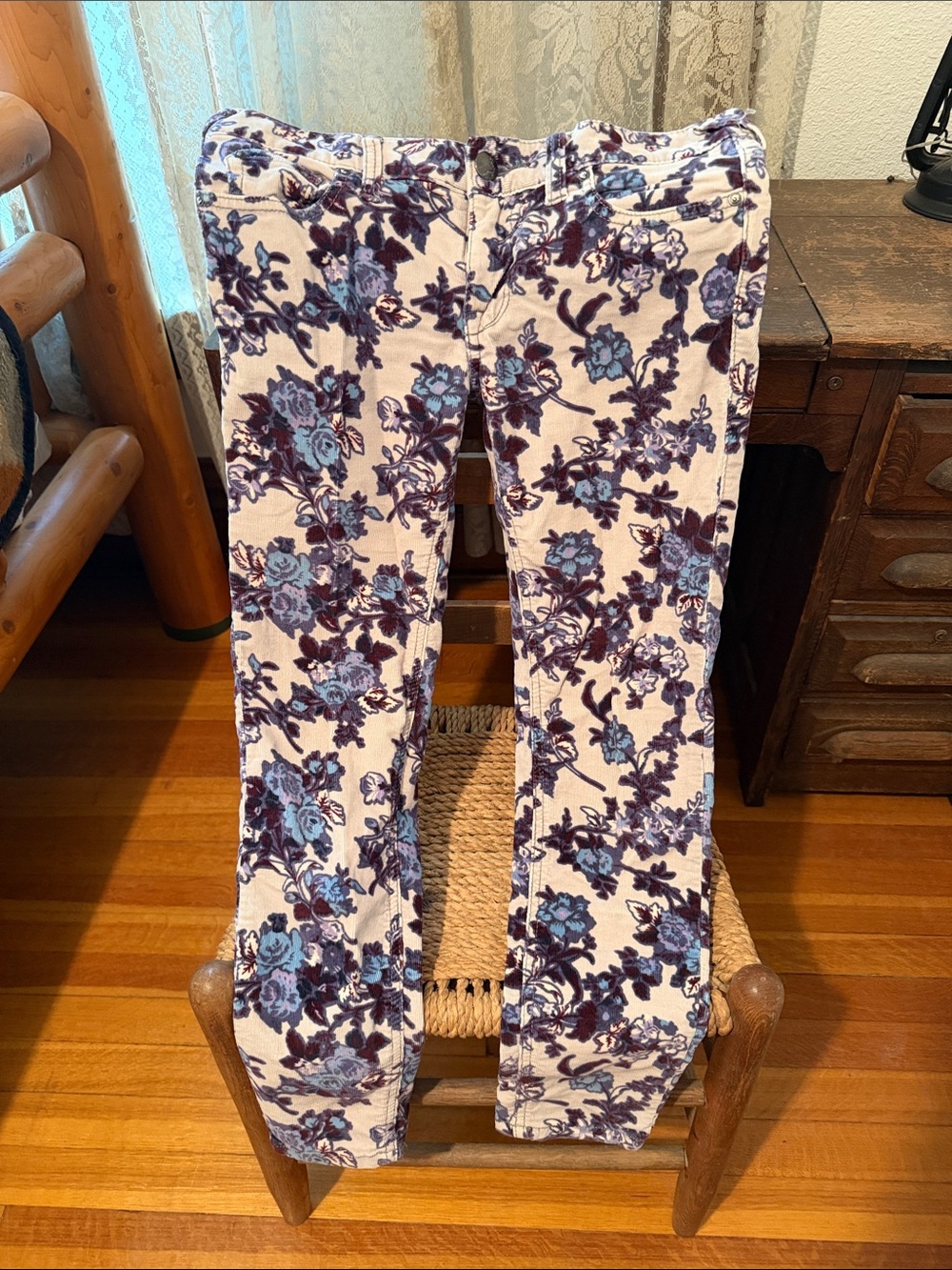 Free People Floral Corduroy Boot Cut Pants in Cream, Blue & Purple